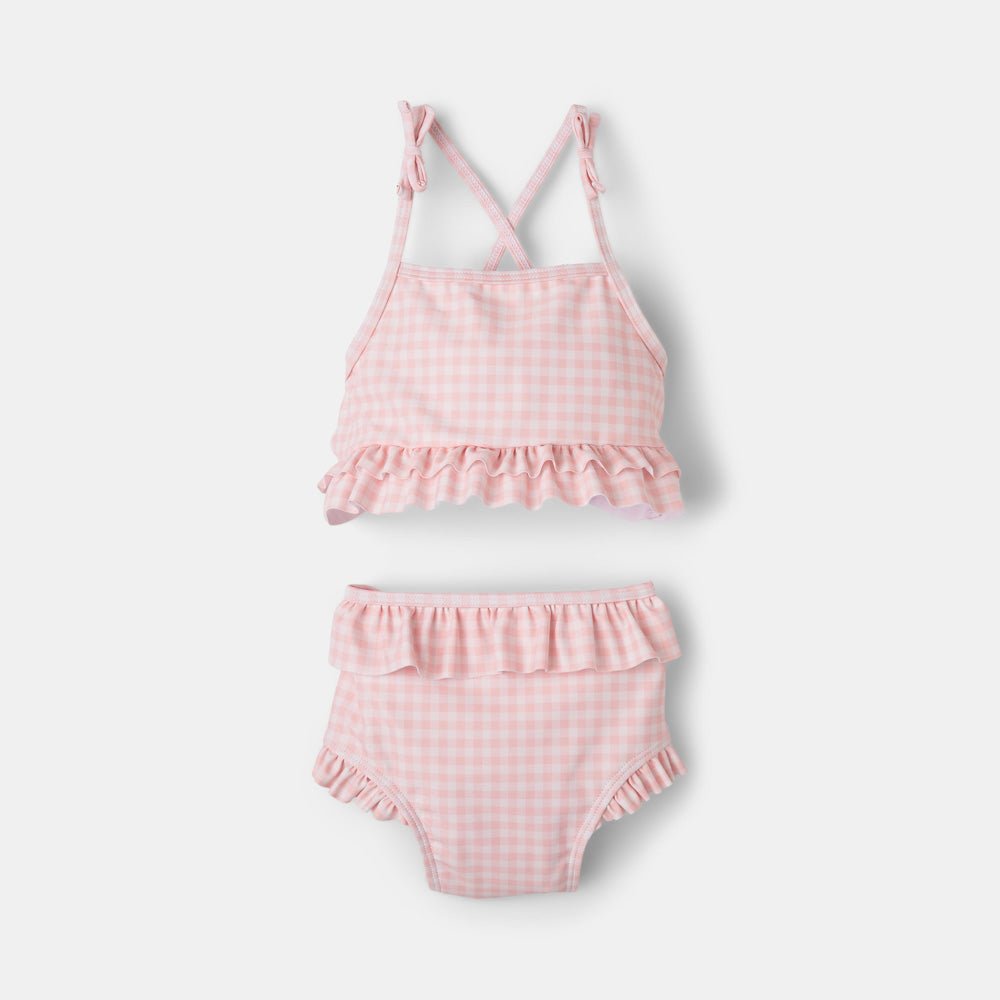 rise little earthling Ruffle Bow 2-pc Bathing Suit - Peach Gingham / 18-24m