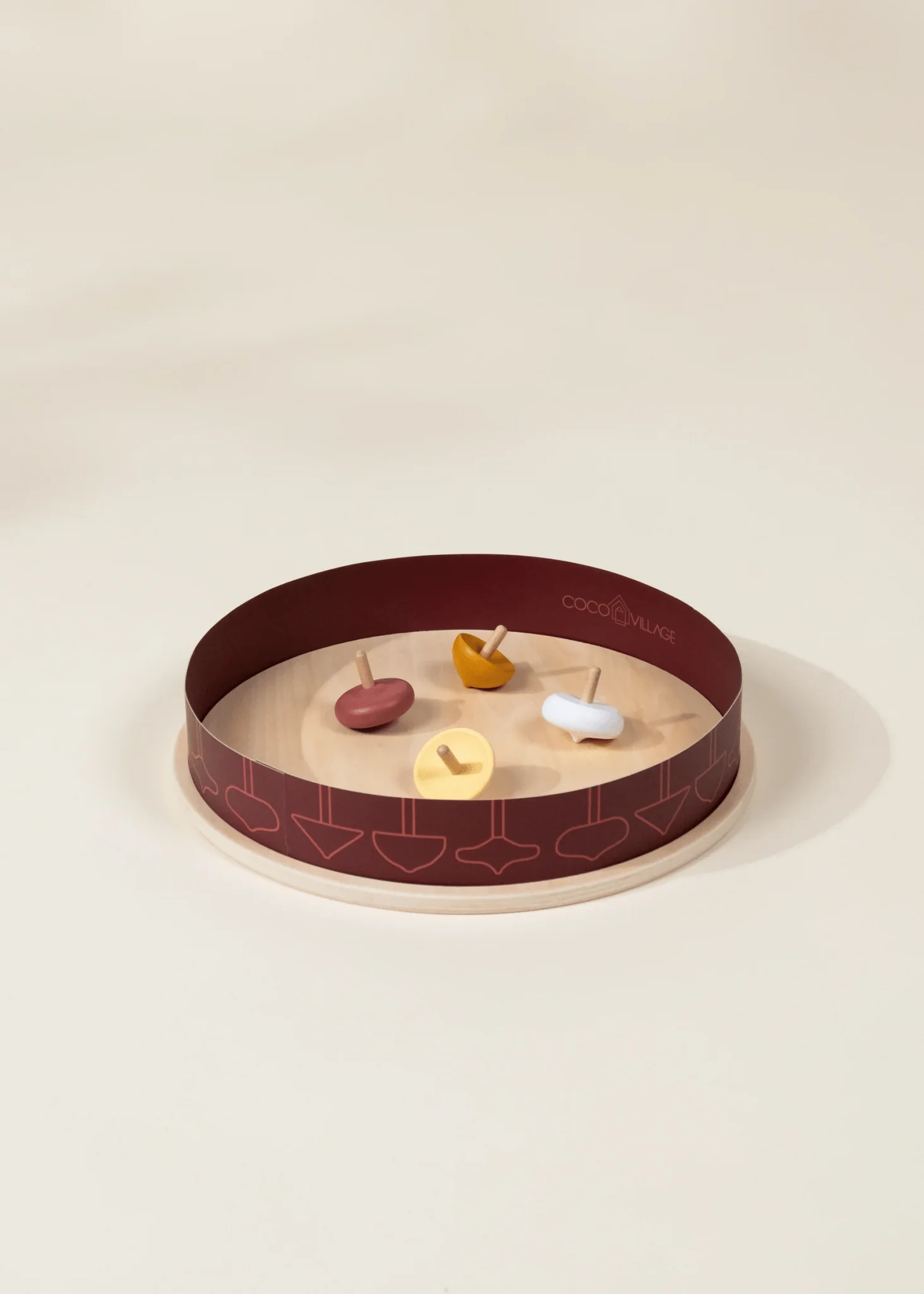 Coco Village Set of 4 Wooden Spinning Tops with Arena