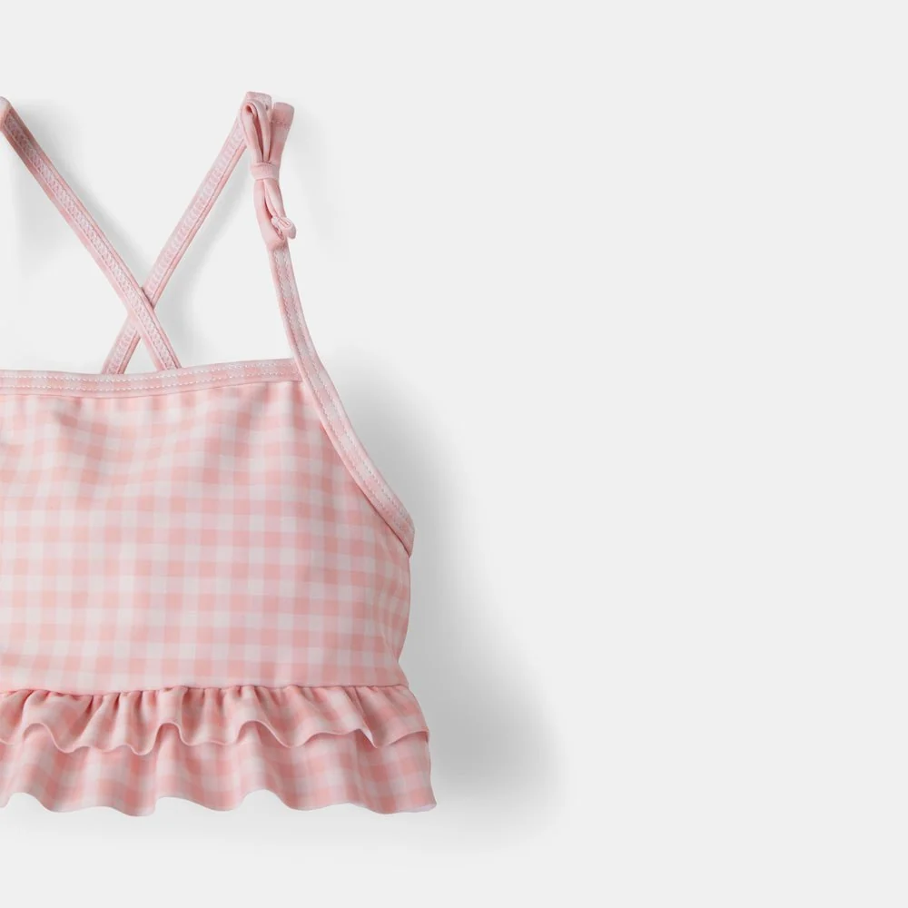 rise little earthling Ruffle Bow 2-pc Bathing Suit - Peach Gingham / 18-24m - Image 2